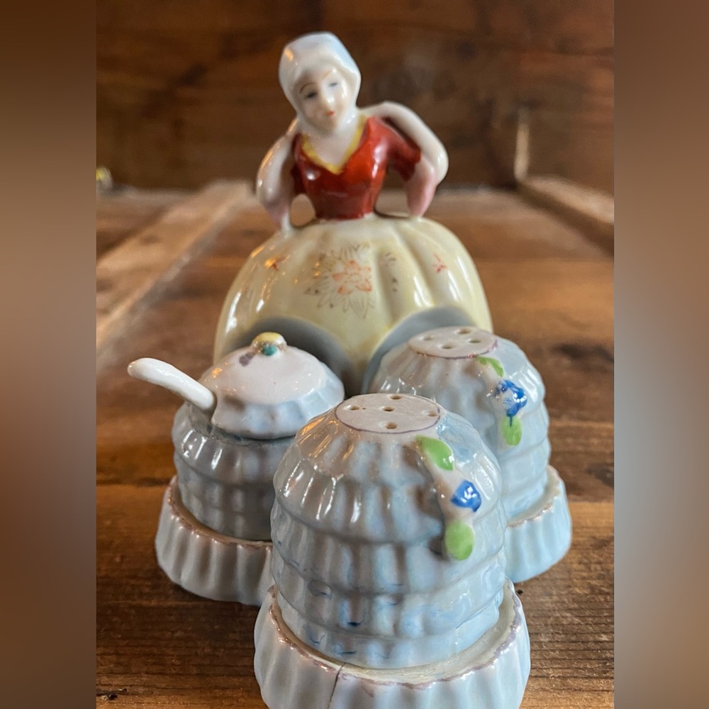 Vintage Japan Cruet Set Girl Figurine Salt Pepper and Sugar Cottagecore - Picture 1 of 6
